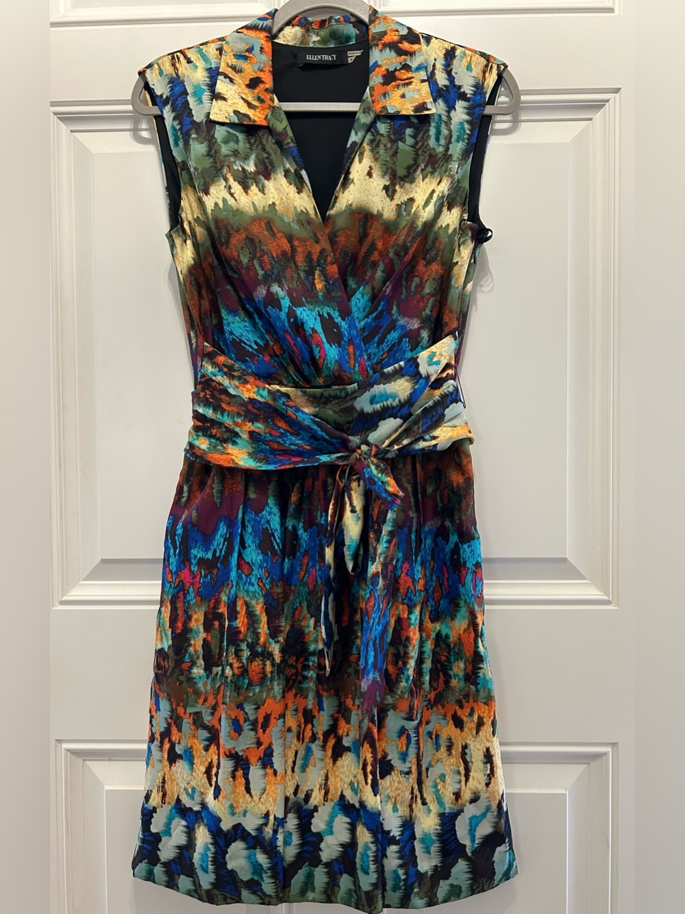 Ellen Tracy Colorful Tie Waist Sleeveless Pleat Classy Office Church Shirt Dress